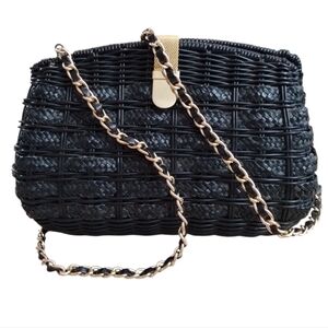 Heiress Vintage Black Woven Glazed Wicker Crossbody Bag with Gold & Black Chain